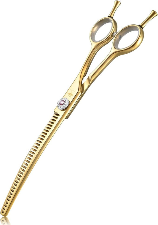 PURPLEBIRD Curved Shears Dog Grooming Chunkers, 7 inch Professional Thinning Scissors Safety Blunt Tip Trimming Scissors for Dogs Cats Face Paws Limbs Japanese Stainless Steel (Yellow)