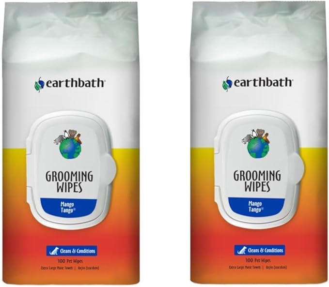 earthbath, Mango Tango Grooming Wipes - Dog Wipes for Paws and Butt, Best Pet Wipes for Dogs & Cats, Made in USA, Cruelty-Free Dog Cleaning Wipes, Removes Dirt & Dander - 100 Count (2 Pack)