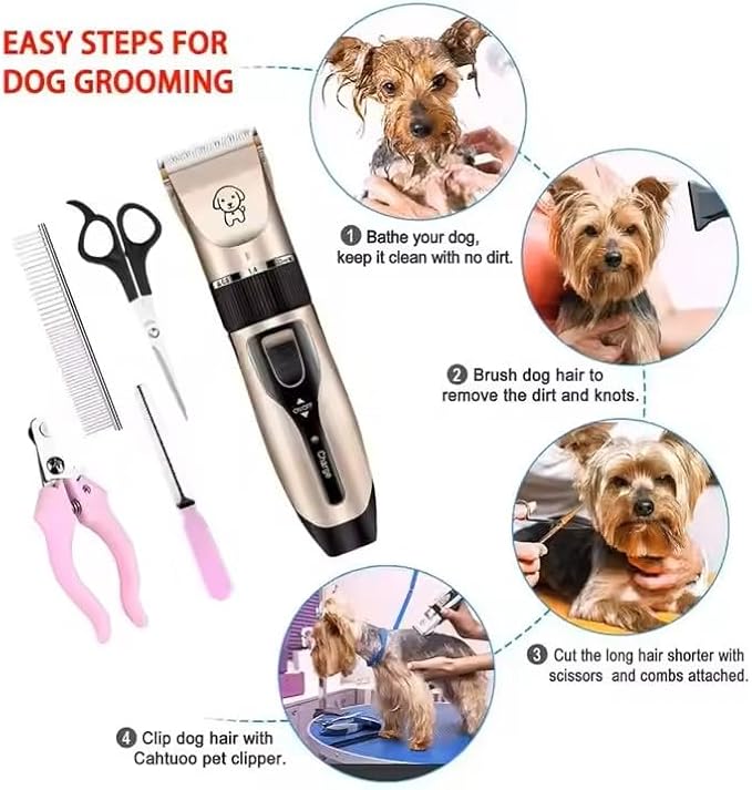 Pet Grooming Kit, Rechargeable Clippers with 6 Guide Combs, Stainless Steel Blades, Scissors, Comb