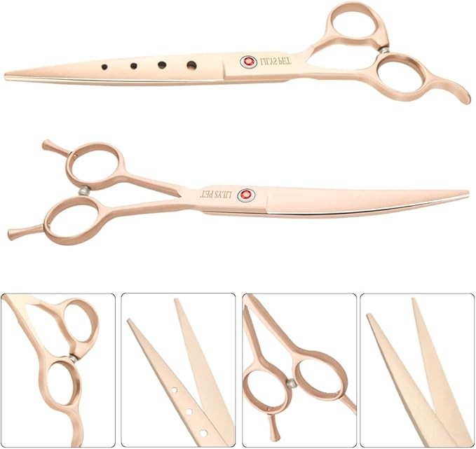LILYS PET Professional PET DOG Grooming scissors Cutting&Curved&Thinning shears,Round Hole Design, Shark Teeth Thinning scissor (7", Gold)