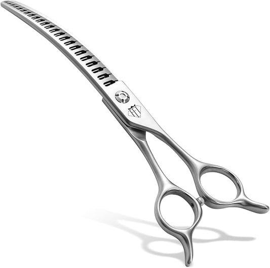 Professional Pet Grooming Scissors, Curved Chunker with Gradient Teeth, JP440C Steel, 80% Thinning Efficiency (7 inch)