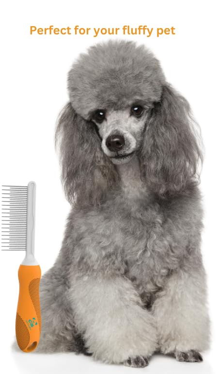 Cute to the Bone Pet Grooming Comb for Long, Curly or Silky Hair Dog and Cat, Stainless Steel Teeth for Dematting and Detangling, Safe for Home Use, Orange