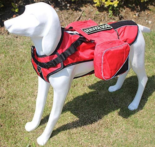 Service Dog Harness, Saddle Bag Backpack Carrier Outdoor Travel Hiking Camping Harness, Removable Saddle Bags and Patches (Red, L Girth 26-31")