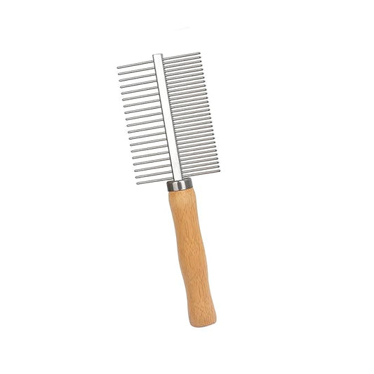 Wooden Handle Dog Cat Grooming Comb, Groom and Remove Debris and Mats for Long and Short Haired Pets (Double Side)