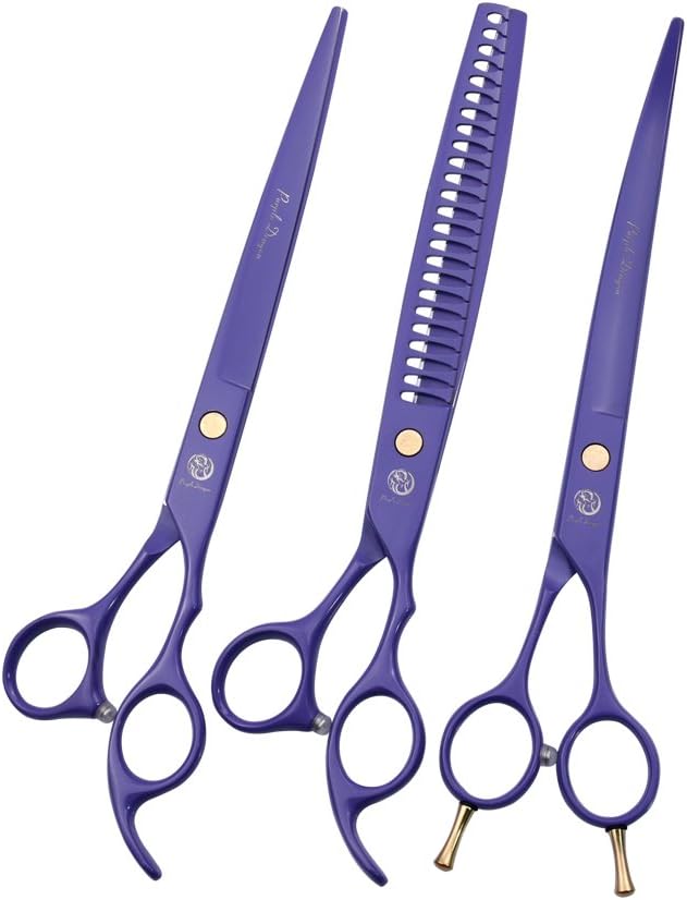 Purple Dragon 8.0 inch Professional Dog Grooming Hair Cutting Scissor &Curved Scissor&Chunker Shear Kit with Bag - for Pet Groomer or Family DIY Pet Use