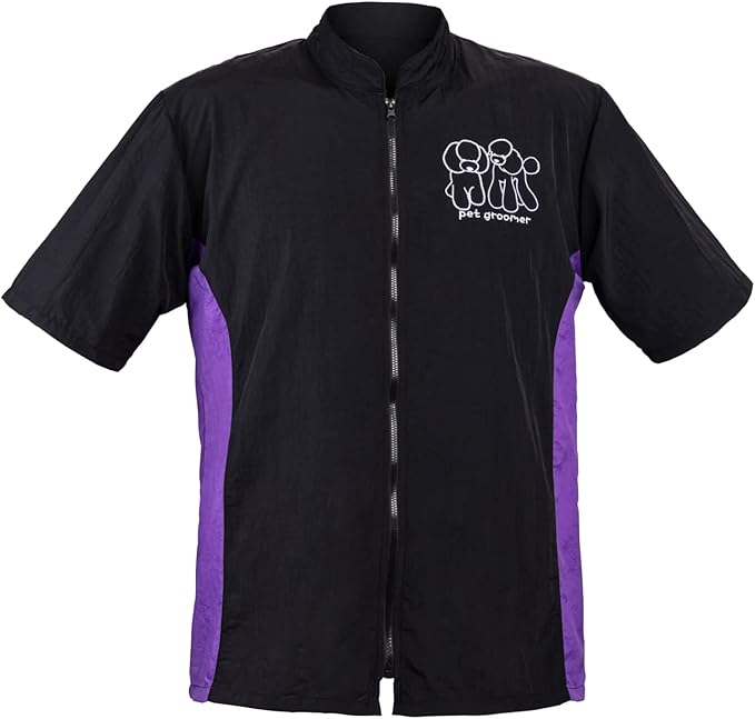 Noverlife Short Sleeves Pet Grooming Workwear With Full Zipper, 3XL Size, Anti-Static Beautician Smock, Lightweight Groomer Cosmetologist Uniforms Style Dog Cat Jacket for Men Women