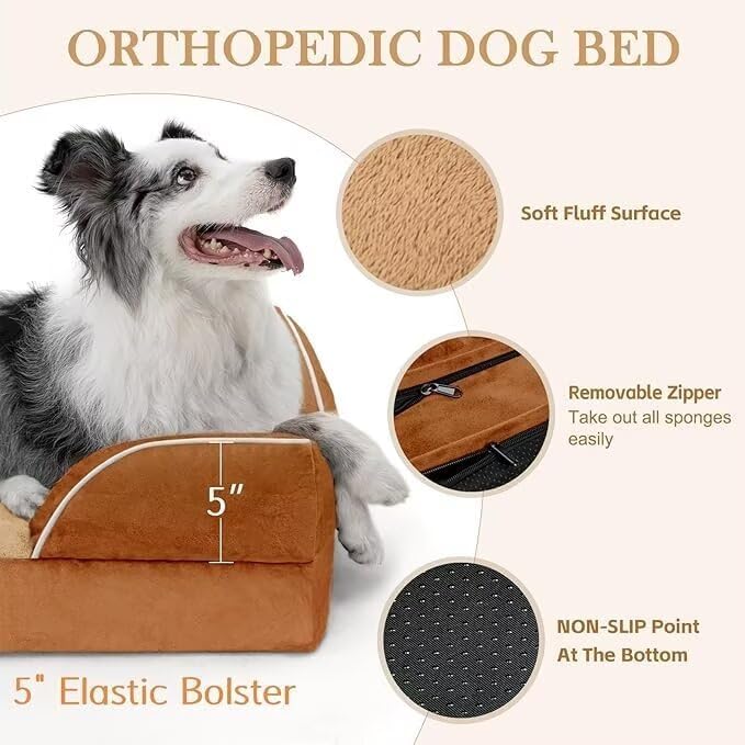 Orthopedic Dog Bed for Extra Large Dogs, PV Washable Dog Sofa Bed Jumbo, Waterproof Dog Bed with Removable Cover & Non-Slip Bottom(Jumbo,Caramel)