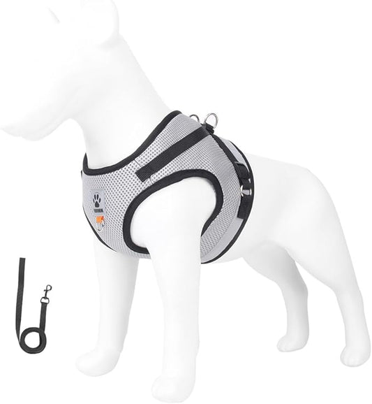 leconpet Dog Harness and Leash Set, Reflective Step in Harness Vest Set-Hook and Loop Fasteners and Buckle Design Combined with Double D Ring on The Back and Chest Ring (Grey, M)