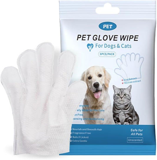 Pet Grooming Glove Wipes, Pet Bathing Wipes, PET Cleaning Deodorizing Bathing Wipes for Dogs & Cats, Cleaning Gloves for Dog and Cats, Pet Bathing Gloves Wipes for Daily Care and Traveling，6 PCS