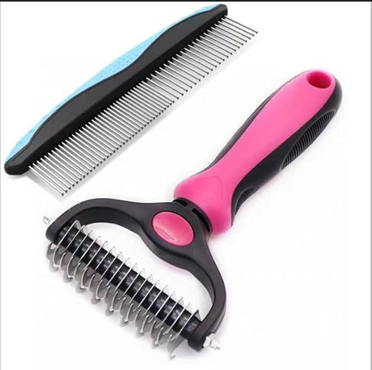 Pet Dematting Tool 2 Pack Double Sided Undercoat Rake & Dematting Comb for Cats and Dogs for Detangling Matted or Knotted Undercoat Hair (Pink & Black, Large)