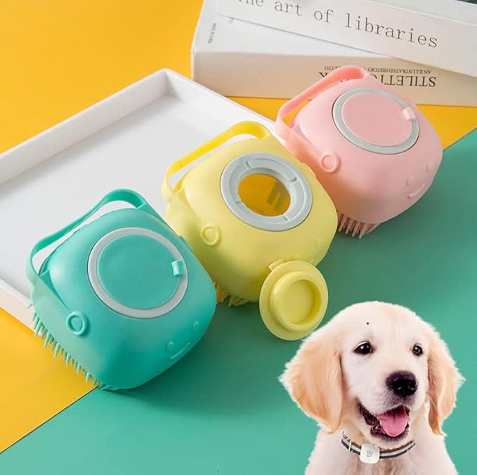 Dog Brush – Cat Brush – Shampoo Dispensing Scrubber – Soft Silicone Design – Hanging Loop – For All Skin Types – Grooming, Deshedding and Exfoliating, Pink