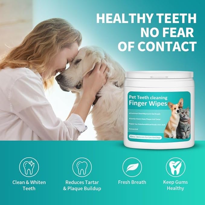 PITHER Dog Teeth Cleaning Wipes, Pet Dental Finger Wipes for Dogs & Cats Disposable Gentle Dog Teeth Cleaning Pads Tooth Brushing Kit Freshen Bad Breath Remove Plaque & Tartar Buildup 50 Counts