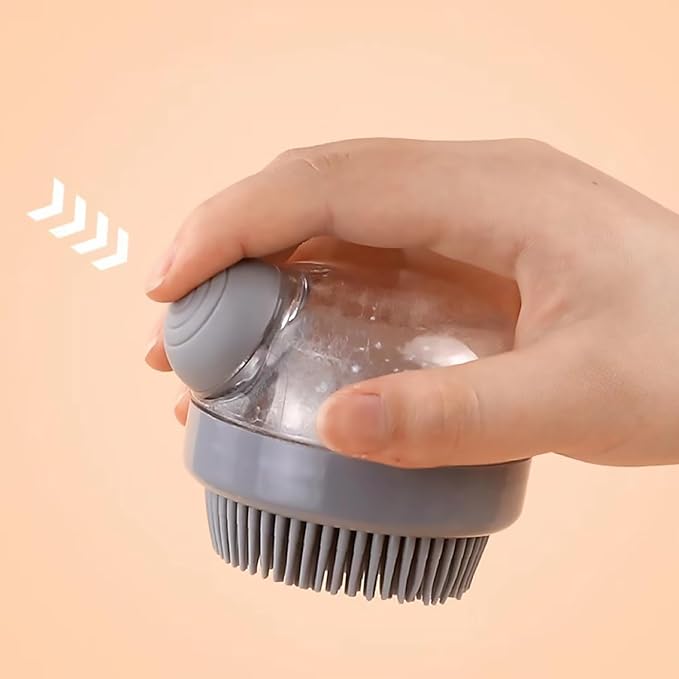 Pet Bath Brush with Soap Dispenser - Silicone Shower Brush for Short and Long-Haired Dogs and Cats (grey)