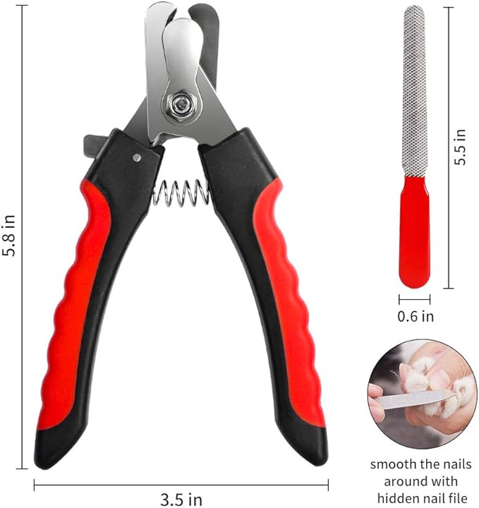 Dog Nails Clippers Trimmer with Safety Guard to Avoid Over-Cutting, Razor Sharp Blades with Bonus Dog Nail File, Cat Claw Clippers with Sturdy Non Slip Handles for Pets Dog Cat（Red & Black）
