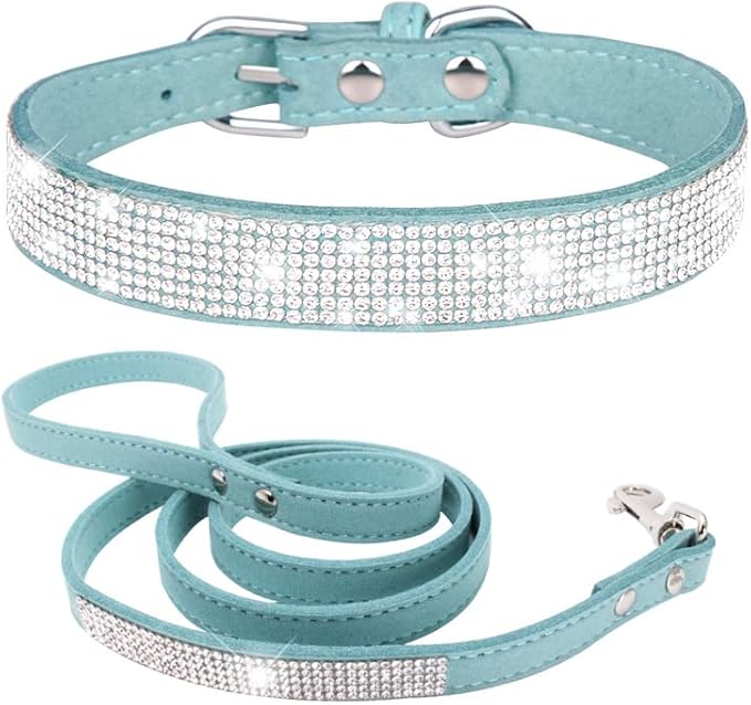 Bling Small Dog Collar Leash Set, Puppy Collar with Rhinestone Crystal Diamond Glitter Female Girls Cat Collars for XXS XS Small Medium Large Dogs Chihuahua Poodle Yorkshire (Light Blue S)