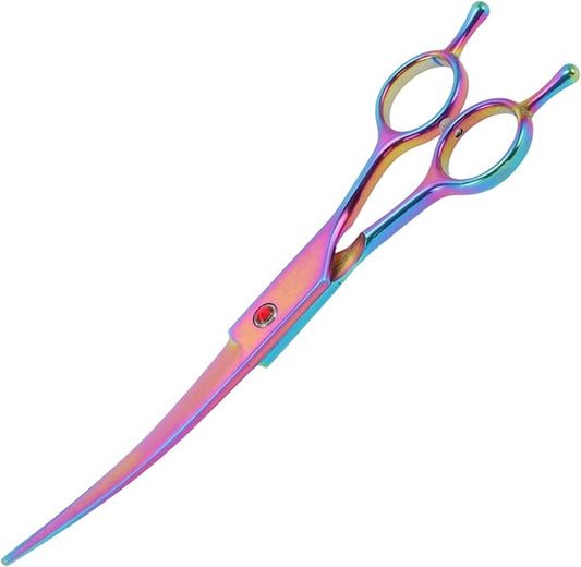 Dog Grooming Scissors, with Ergonomic Handle, Pill Popper for Cats, Upper Bend Shears, Stainless Steel Curved Shears for Dogs, Assorted Color, 7.5"
