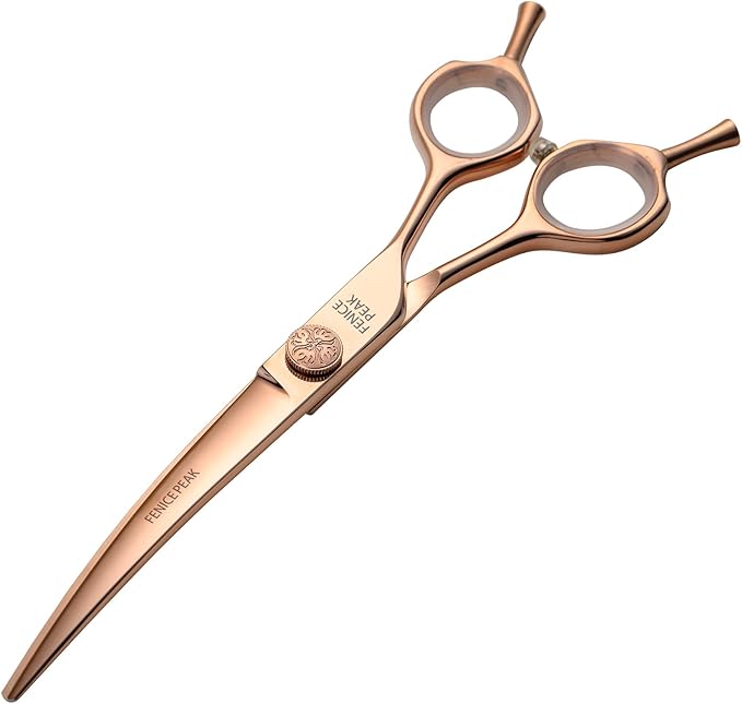 Fenice Peak Curved Dog Grooming Scissors Champagne Gold 440C Stainless Steel Professional Pet Cutting Shears Safety Trimming Shearing for Dogs and Cats