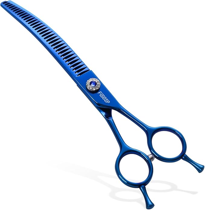 Professional Curved Chunkers Shears Dog Grooming 7.25'' Blue Curved Thinning Dog Grooming Scissors for Large Dogs Pet 35 Teeth Japan 440C(Curved Chunkers)