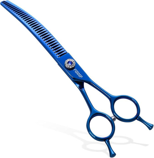 Professional Curved Chunkers Shears Dog Grooming 7.25'' Blue Curved Thinning Dog Grooming Scissors for Large Dogs Pet 35 Teeth Japan 440C(Curved Chunkers)