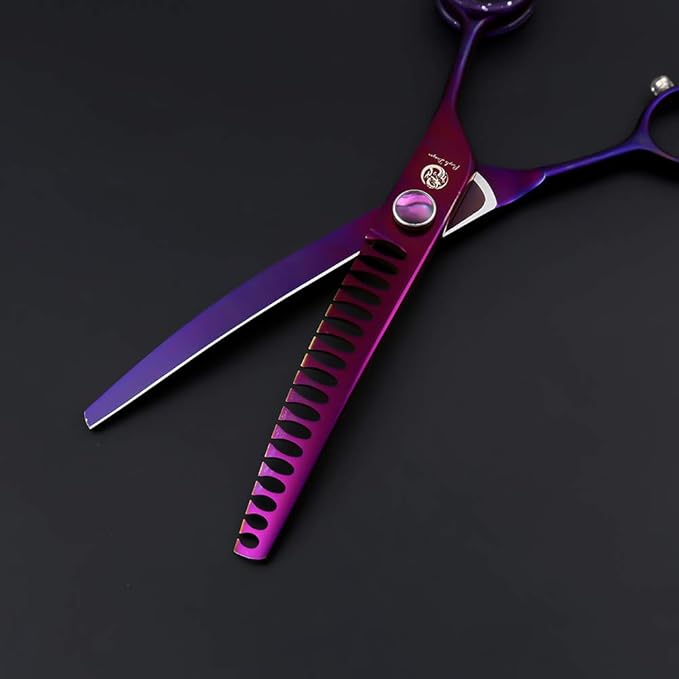Purple Dragon 7.0" Purple Downward Curved Pet Grooming Curved Scissors/Chunker Shear with Adjustment Screw- Perfect for Professional Pet Groomer