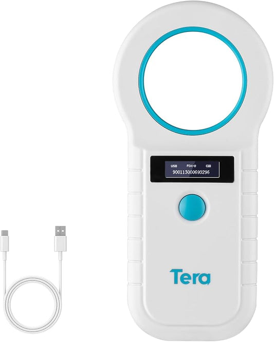 Tera Portable Pet Microchip Scanner - Animal Tag Reader with OLED Display Screen RFID Rechargeable Data Storage 2.4G Wireless & Wired USB EMID FDX-B(ISO11784/85) for Animal Management, White W90D