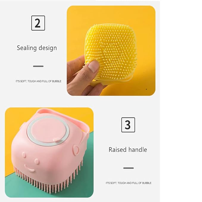 Dog Brush – Cat Brush – Shampoo Dispensing Scrubber – Soft Silicone Design – Hanging Loop – For All Skin Types – Grooming, Deshedding and Exfoliating, Yellow