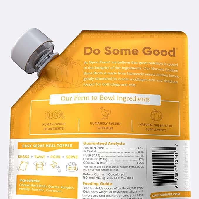 Open Farm Bone Broth, Food Topper for Both Dogs and Cats with Responsibly Sourced Meat and Superfoods Without Artificial Flavors or Preservatives, 72oz (6 Pack Harvest Chicken)