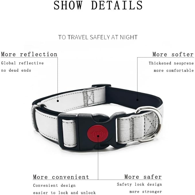 Reflective Dog Collar Soft Neoprene Padded Breathable Nylon Pet Collar Adjustable for Small Medium Large Dogs (Silver, L)