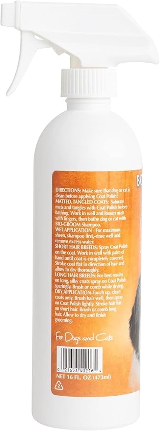 Bio-Groom Coat Polish Dog Spray – Scented Dog Bathing Supplies, Puppy Wash, Cat & Dog Grooming Supplies for Sensitive Skin, Cruelty-Free, Made in USA, Tearless Dog Products – 16 fl oz 1-Pack