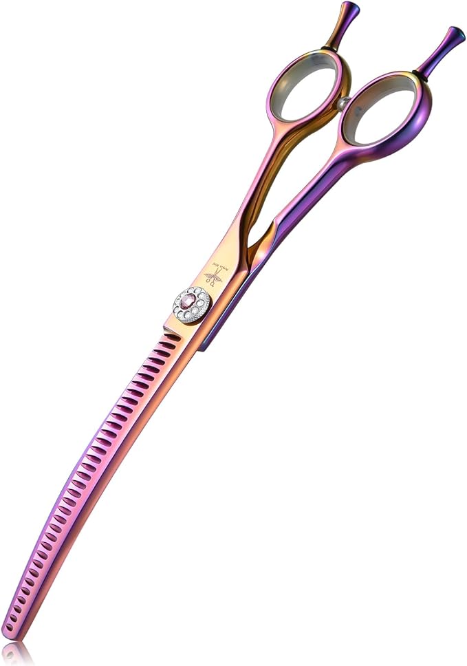 PURPLEBIRD Curved Shears Dog Grooming Chunkers, 7 inch Professional Thinning Scissors Safety Blunt Tip Trimming Scissors for Dogs Cats Face Paws Limbs Japanese Stainless Steel (Multicolor)