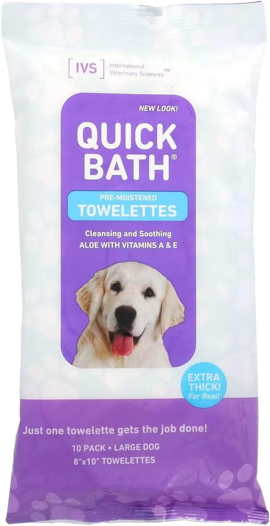 International Veterinary Sciences IVS Quick Bath Dog Towelettes, Removes Odor, Extra Thick and Heavy Duty for Large Dogs, Made in the USA, 10 Count Pack