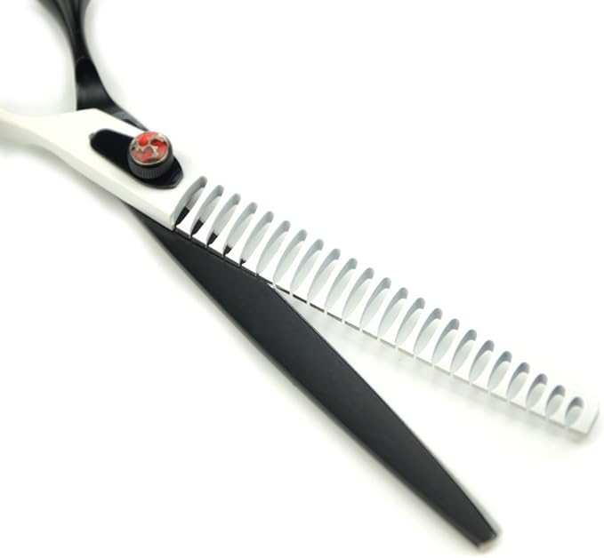 LILYS PET HIGH-END SERIES 8-Inch Japanese 440C Pet Dog Chunker Shears,Fishbone-shaped Big Tooth Professional Pet Grooming Chunker Scissors With Beautiful Red Screw (Black-White)