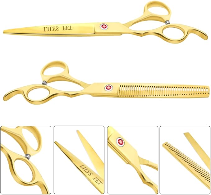LILYS PET Professional PET DOG Grooming Coated Titanium scissors suit Cutting&Curved&Thinning shears (7.0 inches, Gold)…