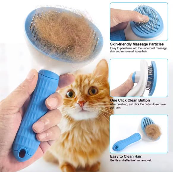 Pet Clean Hair Remover Button Stainless Steel Brushes Dogs Cat Slicker Self Cleaning Grooming Pet Comb Brush, blue, pink, grey
