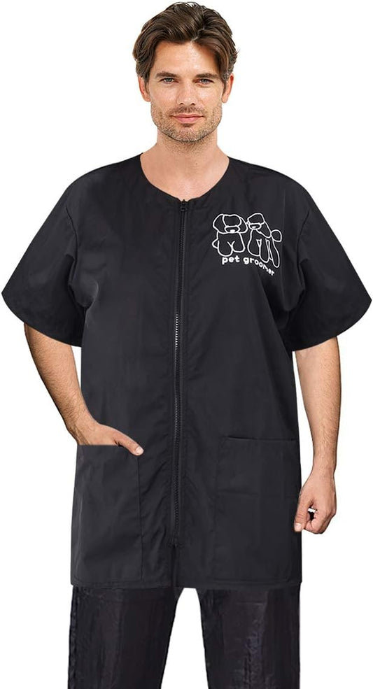 Noverlife Short Sleeves Pet Grooming Work Clothes with Full Zipper, 3XL Size, Splash Proof Anti-Static Pet Beautician Smock, Dog Cat Groomer Cosmetologist Uniforms for Pet Shop Men Women