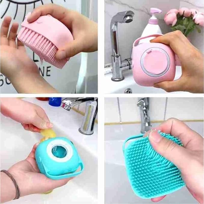 Dog Brush – Cat Brush – Shampoo Dispensing Scrubber – Soft Silicone Design – Hanging Loop – For All Skin Types – Grooming, Deshedding and Exfoliating, Blue
