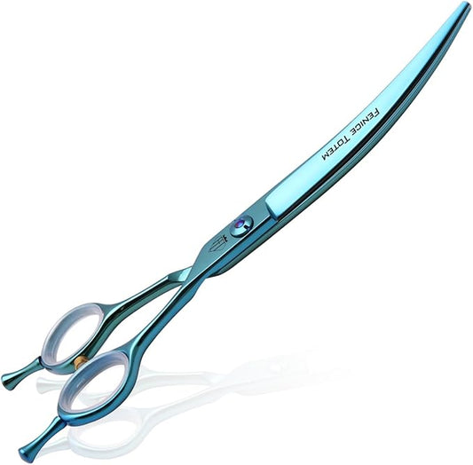 Dog Grooming Scissors: Blueish Green 7.5 inch Professional Pet Curved Shears Made Of Japanese 440C Advanced Stainless Steel for Dogs Cats and Other Pets