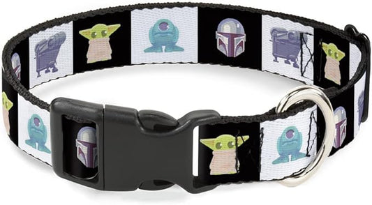Star Wars Pet Collar, Dog Collar Plastic Buckle, Star Wars Mandalorian 4 Character Pose Blocks, 16 to 23 Inches 1.5 Inch Wide