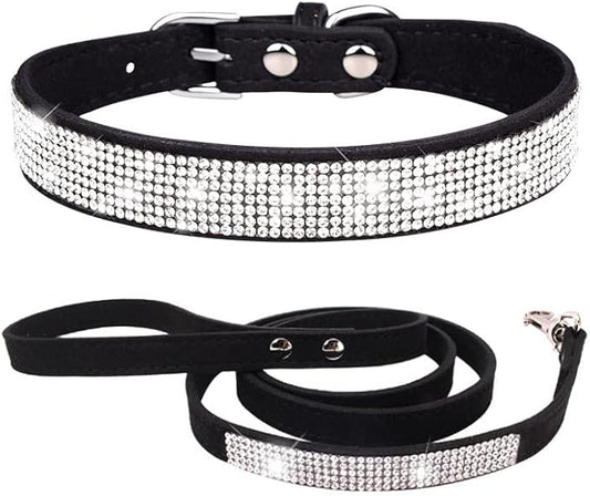 Bling Small Dog Collar Leash Set, Puppy Collar with Rhinestone Crystal Diamond Glitter Female Girls Cat Collars for XXS XS Small Medium Large Dogs Chihuahua Poodle Yorkshire (Black XS)