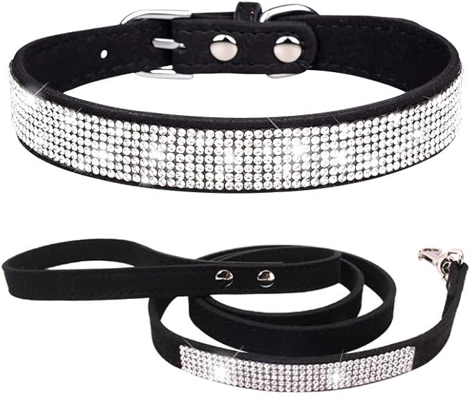 Bling Small Dog Collar Leash Set, Puppy Collar with Rhinestone Crystal Diamond Glitter Female Girls Cat Collars for XXS XS Small Medium Large Dogs Chihuahua Poodle Yorkshire (Black XXS)