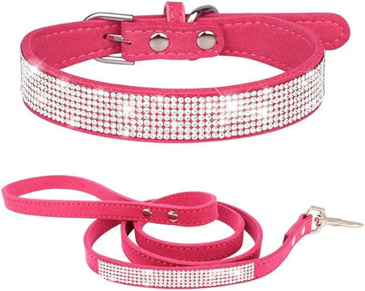 Bling Small Dog Collar Leash Set, Puppy Collar with Rhinestone Crystal Diamond Glitter Female Girls Cat Collars for XXS XS Small Medium Large Dogs Chihuahua Poodle Yorkshire (Rose XS)