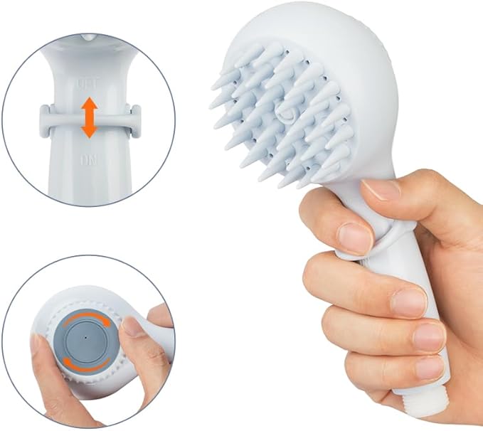 Dog Shower Head with Brush – 3-in-1 Pet Grooming Tool with Shampoo Dispenser & Stainless Steel Hose – Indoor/Outdoor Use – Compatible with ¼” Faucet & ¾” Hose Adapter