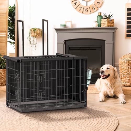 Dog Crate Cover, Kennel Cover Fits 48 Inch Wire Crate, Heavy Duty 600D Oxford Fabric Dog Cage Cover with Top Window and Drinking Hole Design, Black
