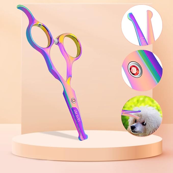 LILYS PET Safe Round-Tip Professional PET DOG Grooming Coated Titanium scissors suit Cutting&Curved&Thinning shears Set (Rainbow)