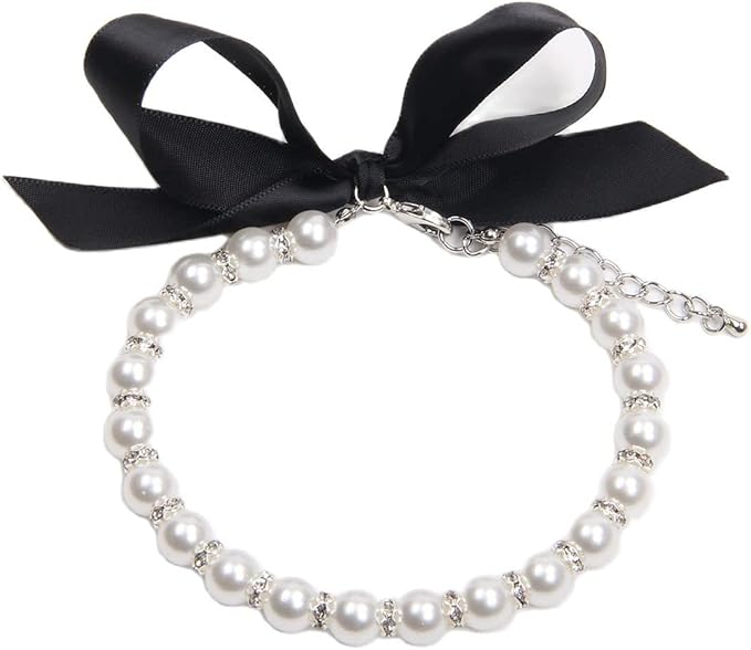 Dog Cat Pearls Necklace Collar with Bling Accessories and Ribbon Bow Pet Puppy Jewelry for Female Dogs Cats Small Medium (M, White)