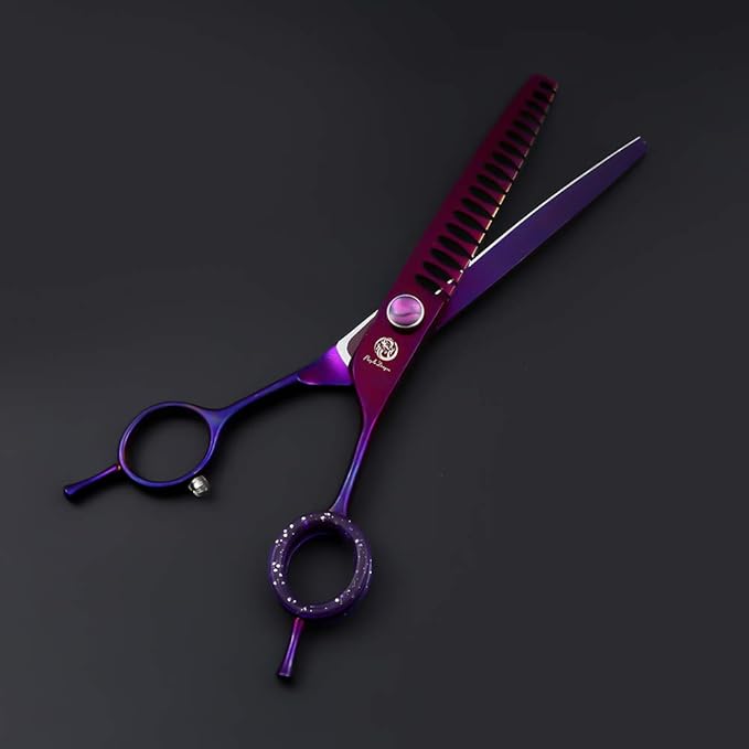 Purple Dragon 7.0" Purple Downward Curved Pet Grooming Curved Scissors/Chunker Shear with Adjustment Screw- Perfect for Professional Pet Groomer