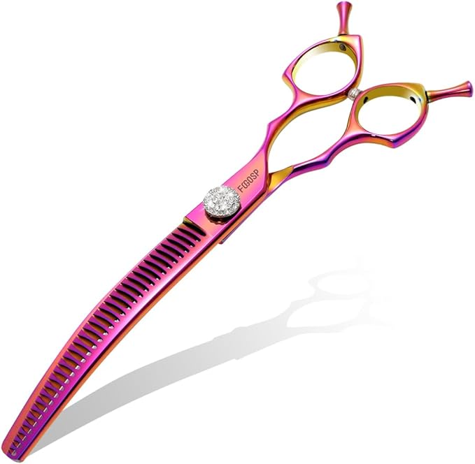 Professional Curved Chunkers Shears Dog Grooming 7.5'' Rainbow Curved Thinning Scissors for Large Dogs, 35 Teeth, Japan 440C Stainless Steel, Purple