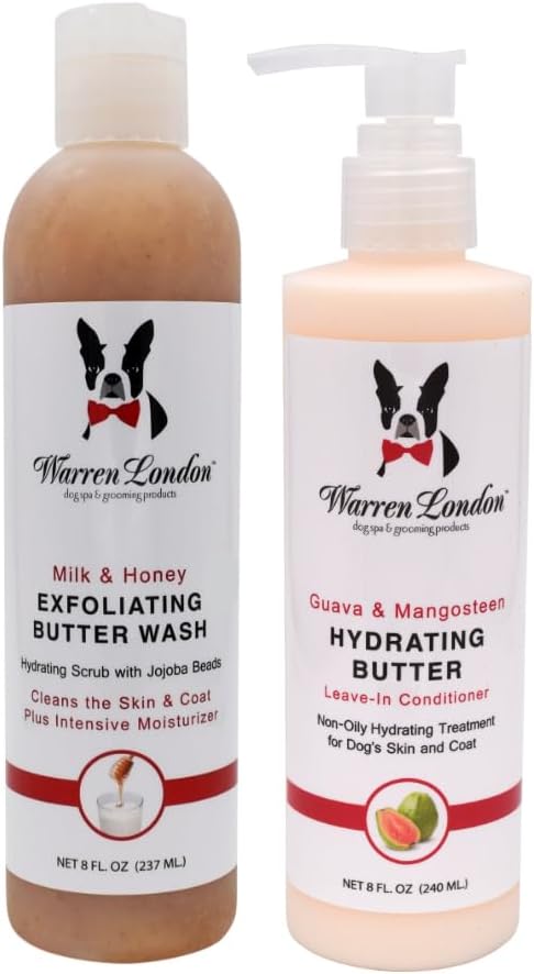 Warren London 8oz Butter Combo - Premium Dog Shampoo & Conditioner - Exfoliating Wash with Fragrant Leave in Conditioner - Detangler and Coat Moisturizer - Milk & Honey w/Guava & Mango
