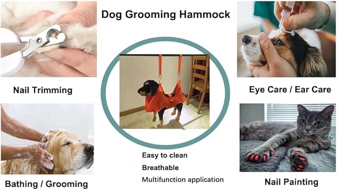 Dog Grooming Hammock with Flea Comb and Dog Nail Clipper, Pet Dog Grooming Hammock Harness with Cat Nail Clipper, Nail File and Dog Brush, Dog Sling for Nail Clipping/Nail Trimming (M, Orange)