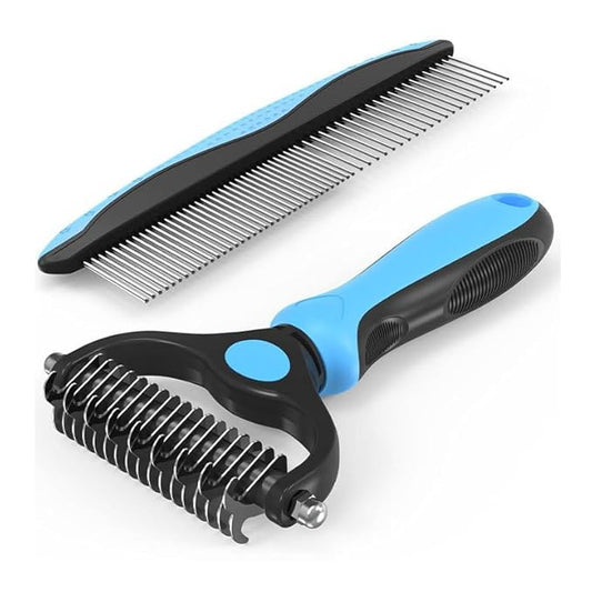 Pet Dematting Tool 2 Pack Double Sided Undercoat Rake & Dematting Comb for Cats and Dogs for Detangling Matted or Knotted Undercoat Hair (Blue & Black, Large)